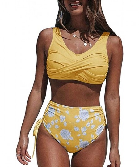 Cover-Ups Women Two Piece Swimsuit High Waisted Printed Drawstring Bathing Suit Bikini Swimwear - Yellow - CL199QOOCU0