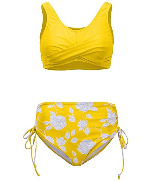 Cover-Ups Women Two Piece Swimsuit High Waisted Printed Drawstring Bathing Suit Bikini Swimwear - Yellow - CL199QOOCU0