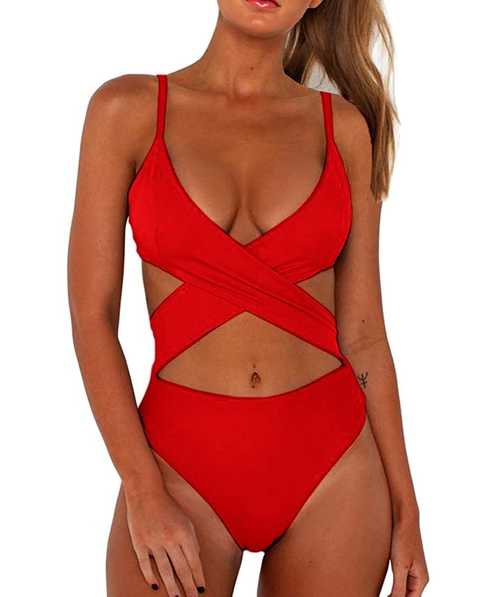 One-Pieces Women's Sexy Criss Cross High Waisted Cut Out One Piece Monokini Swimsuit - Red - CC18NEL2DX2