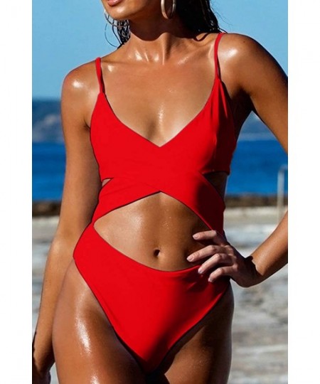 One-Pieces Women's Sexy Criss Cross High Waisted Cut Out One Piece Monokini Swimsuit - Red - CC18NEL2DX2