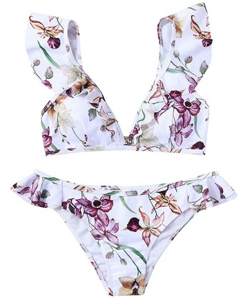 Sets Women's Ruffles Flounce Cute Bikini Two Piece Swimsuit Bathing Suits Floral Print Waisted Bikini Set Swimwear White a - ...