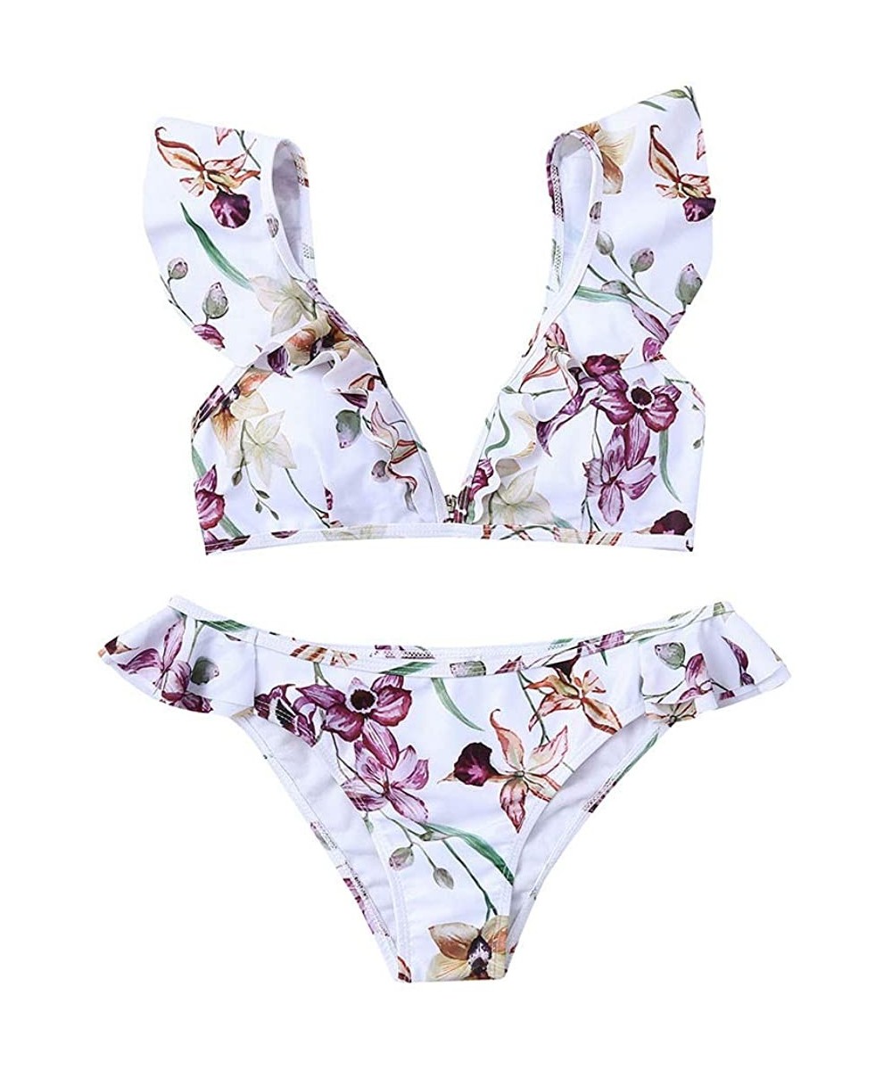 Sets Women's Ruffles Flounce Cute Bikini Two Piece Swimsuit Bathing Suits Floral Print Waisted Bikini Set Swimwear White a - ...