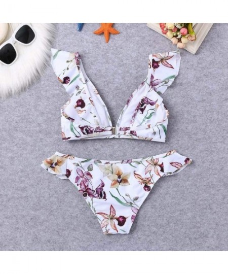 Sets Women's Ruffles Flounce Cute Bikini Two Piece Swimsuit Bathing Suits Floral Print Waisted Bikini Set Swimwear White a - ...