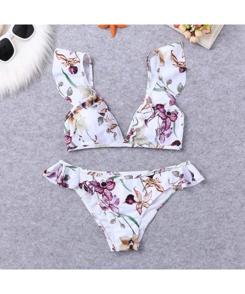 Sets Women's Ruffles Flounce Cute Bikini Two Piece Swimsuit Bathing Suits Floral Print Waisted Bikini Set Swimwear White a - ...