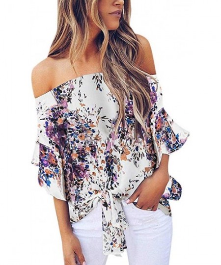 Bottoms Off Shoulder Blouses for Womens- Floral Stripe Bell Sleeve Baggy Tie Knot Tops Casual Shirts - 5 Purple - C718SEK8Y0D