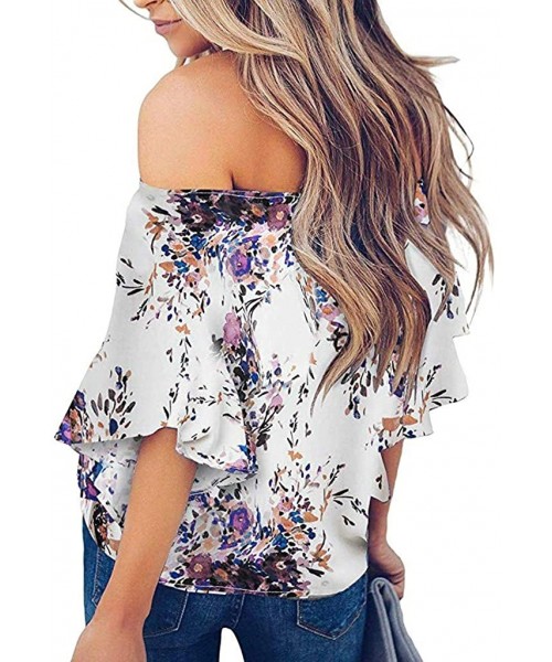 Bottoms Off Shoulder Blouses for Womens- Floral Stripe Bell Sleeve Baggy Tie Knot Tops Casual Shirts - 5 Purple - C718SEK8Y0D