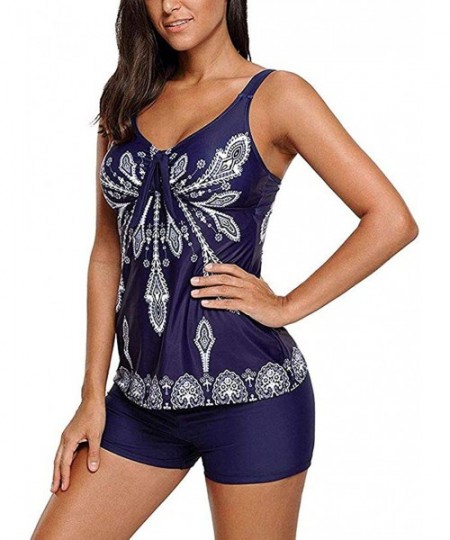 Sets Women Two Piece Fashioned African Ruffled Flounce Swimsuit Vintage Tankini Top with Boyshort Bottoms - A-blue1 - CL18NI8...