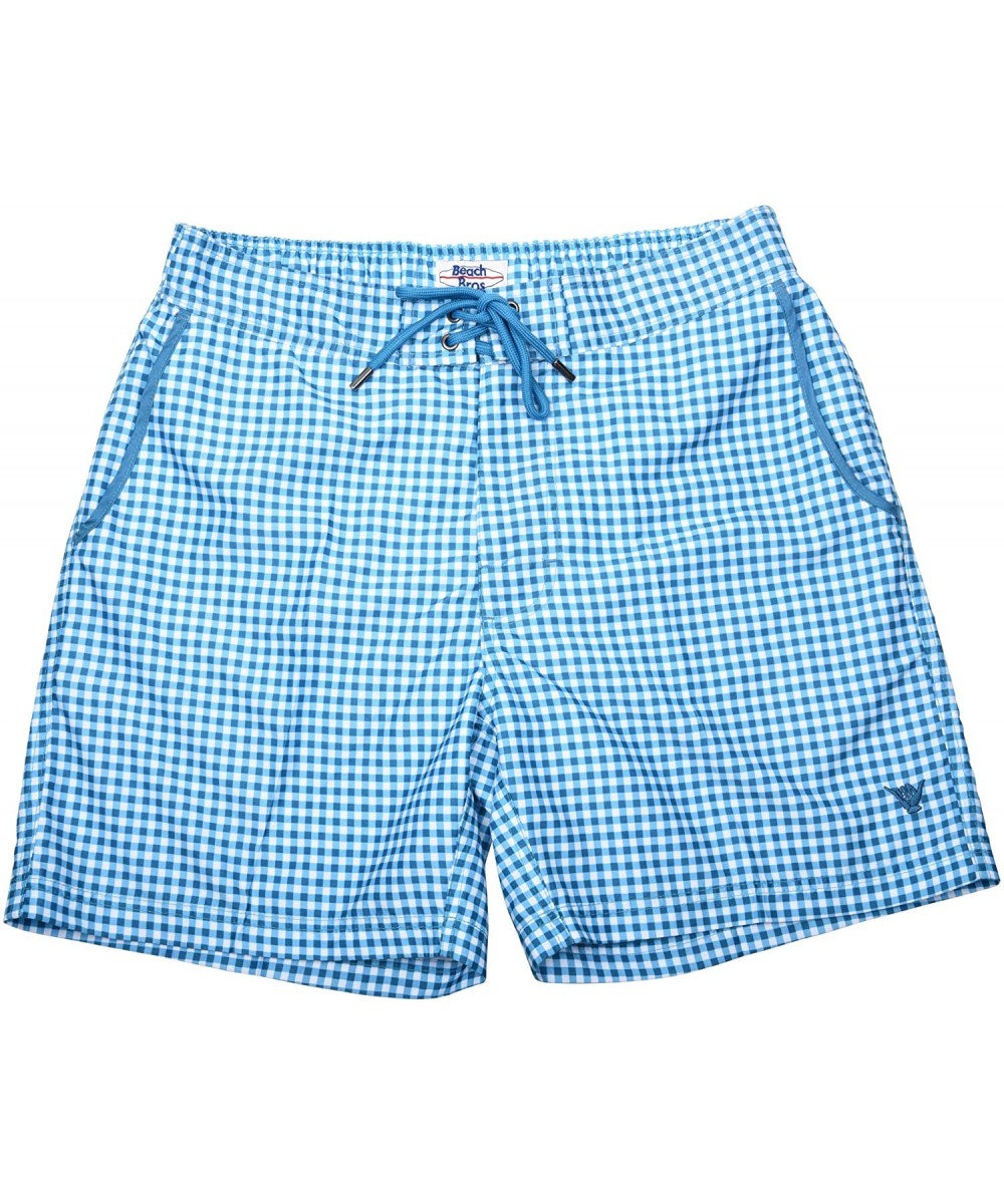 Trunks Mens Swim Trunks w Mesh Lining Swimming Bathing Fixed Waistband Suit - Light Blue Gingham - CK18QCAWMD9