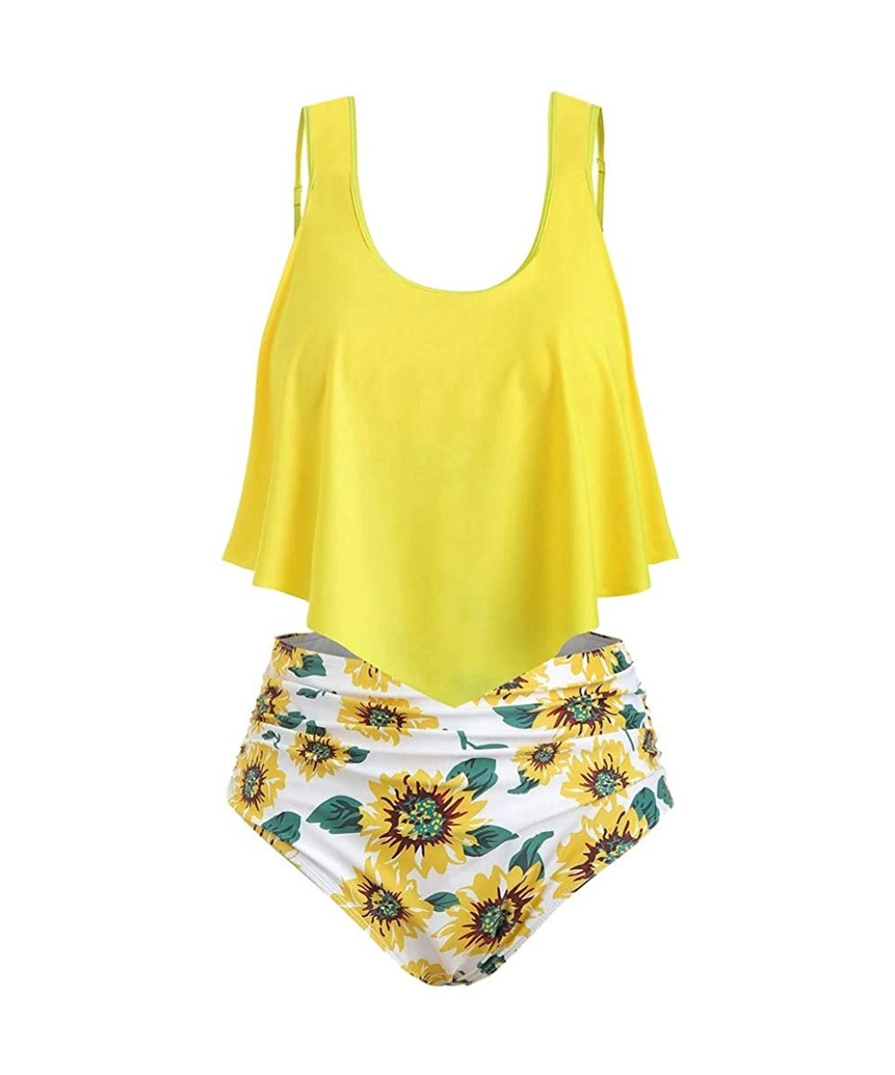 One-Pieces Women Ruffled High Waisted Tankini Bikini Swimsuit Set S-XXXL - Yellow-1 - CE18UU4AHQ0