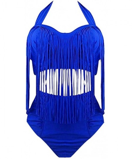 Racing Women Plus Size Two Piece Tassels Bikini Monokini Swimwear Beach Bathing Suit - Blue - CQ18SGM02L5