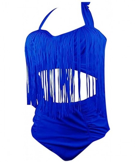 Racing Women Plus Size Two Piece Tassels Bikini Monokini Swimwear Beach Bathing Suit - Blue - CQ18SGM02L5