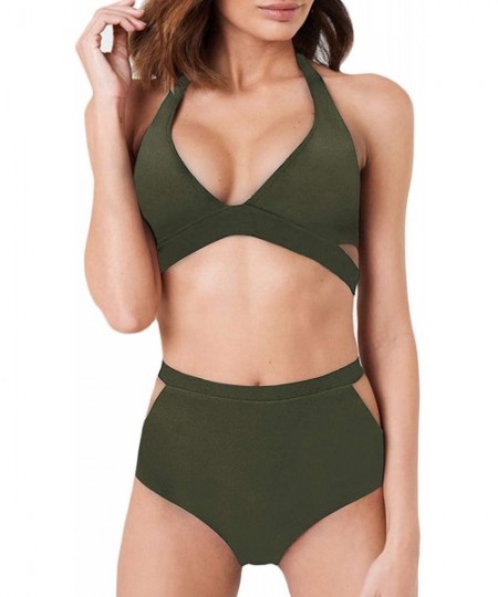 Sets Women's Halter High Neck Halter Bikini Set Swimsuit Bathing Suit - 02army Green - CK196425KDR