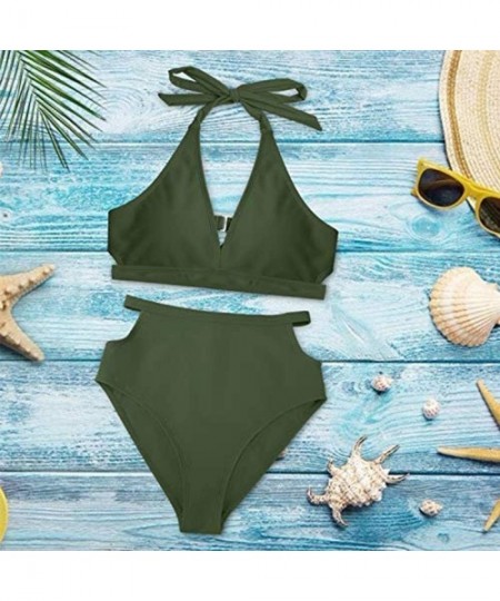 Sets Women's Halter High Neck Halter Bikini Set Swimsuit Bathing Suit - 02army Green - CK196425KDR