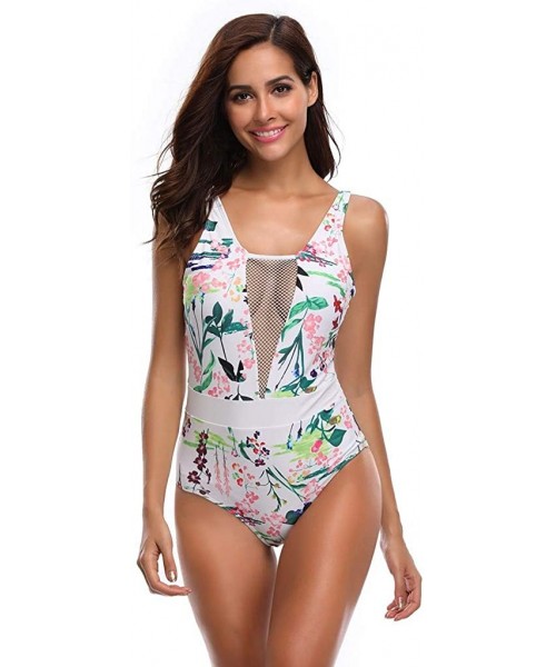 One-Pieces Women Neck Hook Charming One Piece Swimsuits Print Fashion Monokini - White 1 - CF194OTQ336