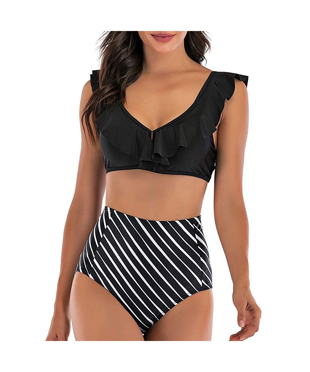 Sets Womens Ruffled Floral Print Two Piece Swimsuits Deep V Neck Bikini High Waisted Push Up Bathing Suits - Black - CG192XT6HI0