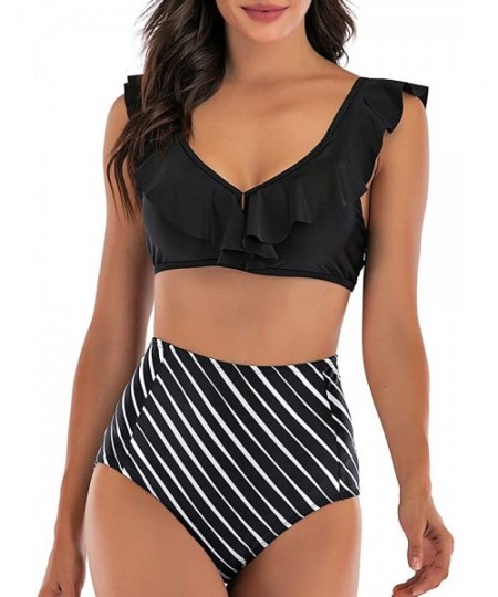 Sets Womens Ruffled Floral Print Two Piece Swimsuits Deep V Neck Bikini High Waisted Push Up Bathing Suits - Black - CG192XT6HI0