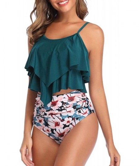 Sets Women High Waisted Swimsuit Flounce Swimwear Racerback Vintage Two Piece Bikini - Turquoise - CR196QA379H