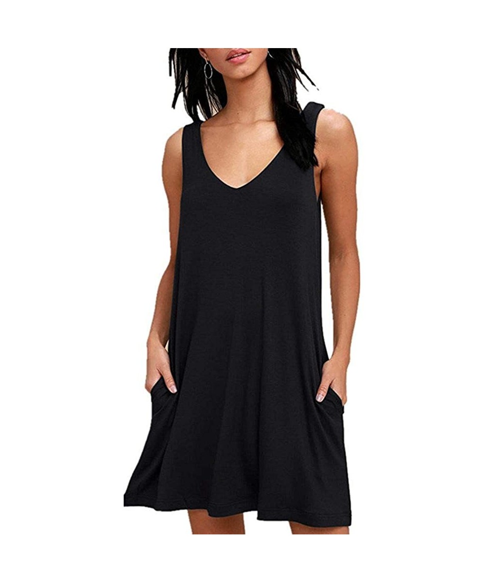 Cover-Ups Women's Summer Casual Swing T-Shirt Dresses Plain Beach Cover Up Tank Dress with Pockets - Black - CX196S9ZLML