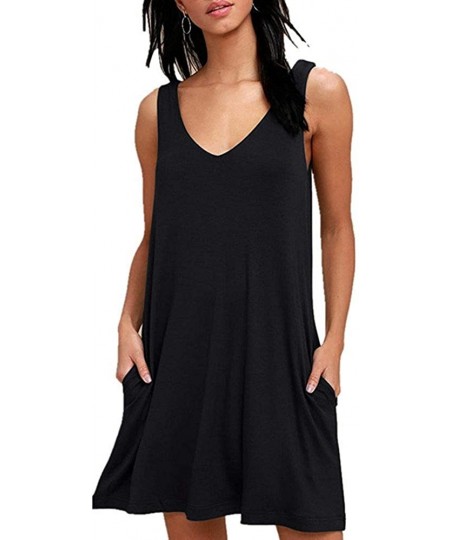 Cover-Ups Women's Summer Casual Swing T-Shirt Dresses Plain Beach Cover Up Tank Dress with Pockets - Black - CX196S9ZLML