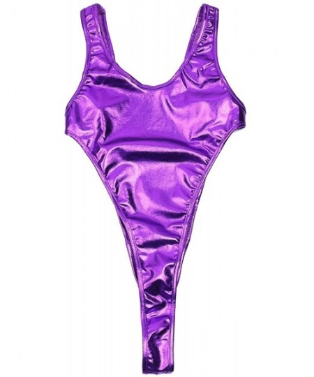 One-Pieces Women's Shiny Metallic One Piece Swimsuit Bikini Thong Swimwear Beachwear - Backless Purple - CW185A7SZQ5