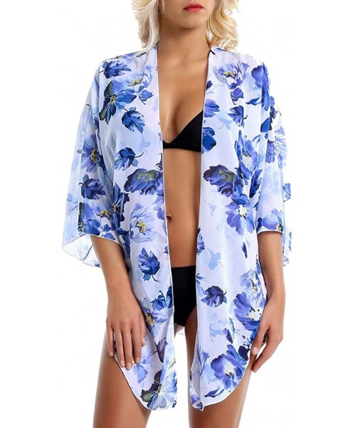 Cover-Ups Women's Long Flowy Bathing Suit Summer Kimono Cardigans Boho Chiffon Floral Beach Cover Up Tops - Blue-white - CG19...