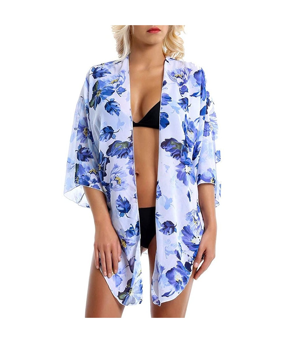 Cover-Ups Women's Long Flowy Bathing Suit Summer Kimono Cardigans Boho Chiffon Floral Beach Cover Up Tops - Blue-white - CG19...