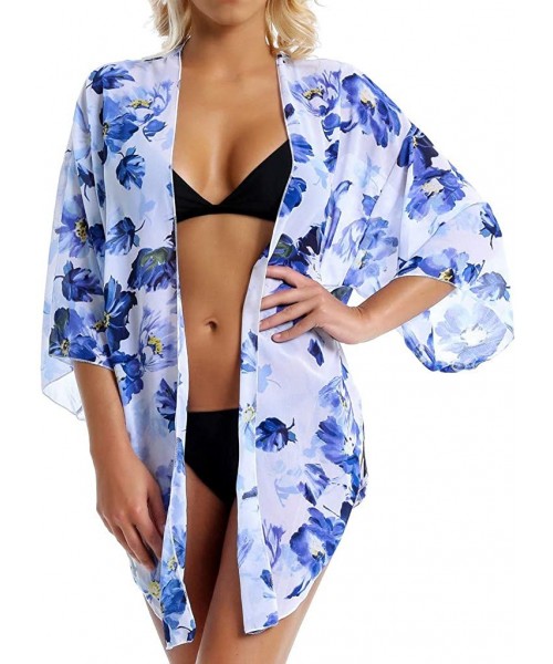 Cover-Ups Women's Long Flowy Bathing Suit Summer Kimono Cardigans Boho Chiffon Floral Beach Cover Up Tops - Blue-white - CG19...