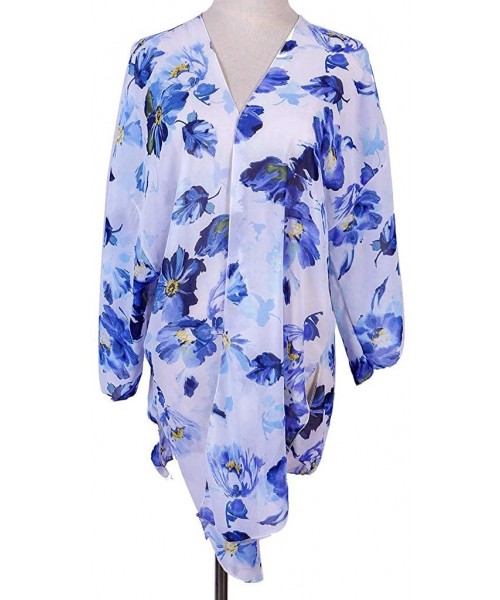 Cover-Ups Women's Long Flowy Bathing Suit Summer Kimono Cardigans Boho Chiffon Floral Beach Cover Up Tops - Blue-white - CG19...