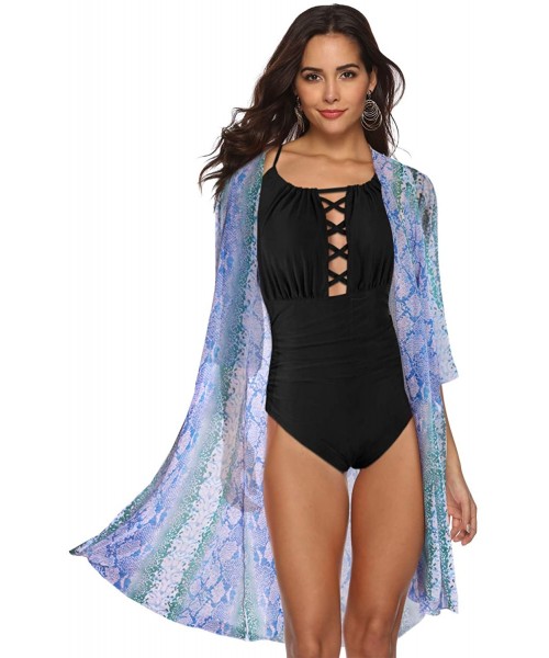 Cover-Ups Women's Print Sheer Chiffon 3/4 Sleeve Loose Kimono Cardigan Beachwear Cover up - Blue - CJ18QEZ9CLR