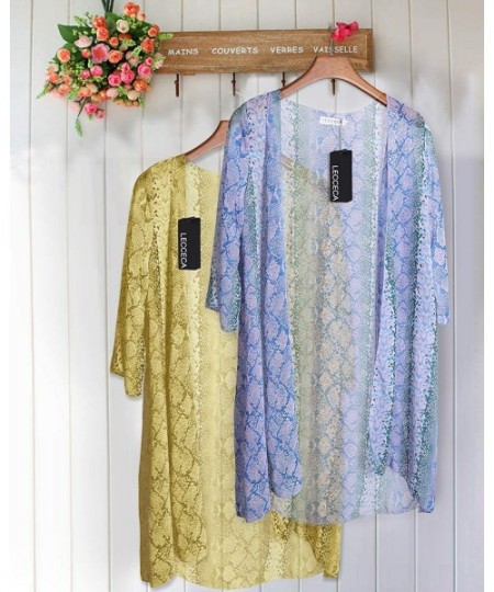 Cover-Ups Women's Print Sheer Chiffon 3/4 Sleeve Loose Kimono Cardigan Beachwear Cover up - Blue - CJ18QEZ9CLR