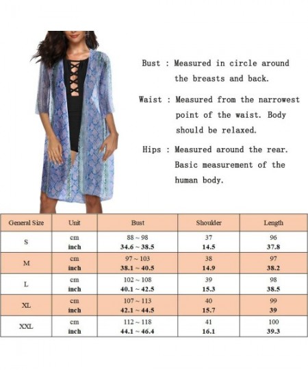 Cover-Ups Women's Print Sheer Chiffon 3/4 Sleeve Loose Kimono Cardigan Beachwear Cover up - Blue - CJ18QEZ9CLR