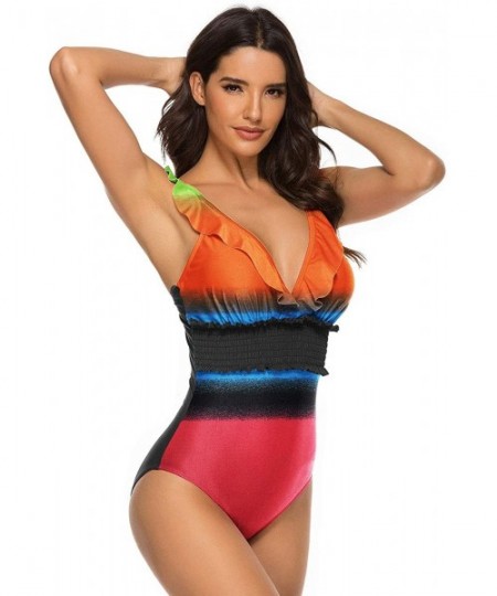 One-Pieces Women One Piece Swimsuit Plunge V Neck Monokini Ruffle Bathing Suits - Orange - CD1966T2K0A