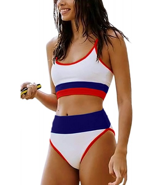 Sets Women's Striped Color Block Scoop Neck High Waist Bikini Set 2 Pieces Swimsuit - Navy - C9195AH89N4