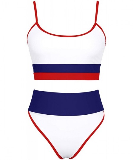 Sets Women's Striped Color Block Scoop Neck High Waist Bikini Set 2 Pieces Swimsuit - Navy - C9195AH89N4