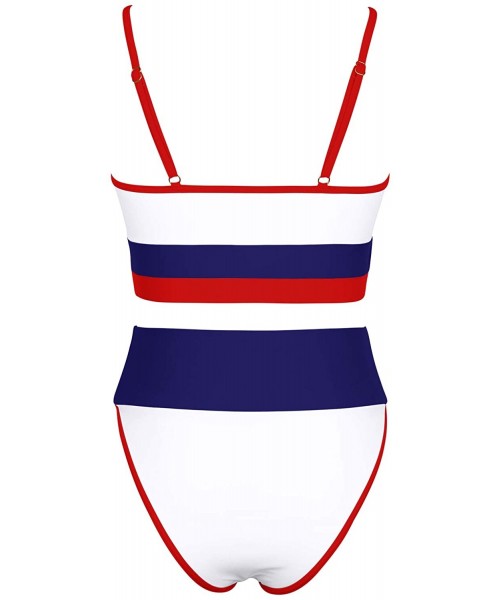 Sets Women's Striped Color Block Scoop Neck High Waist Bikini Set 2 Pieces Swimsuit - Navy - C9195AH89N4