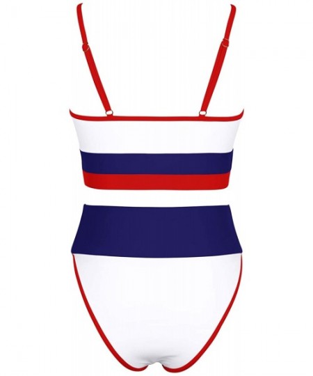 Sets Women's Striped Color Block Scoop Neck High Waist Bikini Set 2 Pieces Swimsuit - Navy - C9195AH89N4