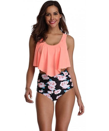 Tankinis Swimsuits for Women Two Pieces Bathing Suits Top Ruffled Racerback with High Waisted Bottom Tankini Set Orange Flowe...