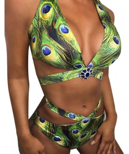 Sets Women's Sexy Swimsuit Peacock Print Padded Bikini Set Adjustable Strap Cross Triangle Beach Bathing Suits - C4194IXXQXD