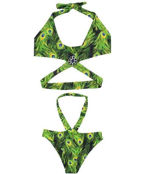 Sets Women's Sexy Swimsuit Peacock Print Padded Bikini Set Adjustable Strap Cross Triangle Beach Bathing Suits - C4194IXXQXD