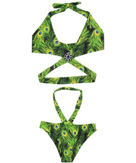 Sets Women's Sexy Swimsuit Peacock Print Padded Bikini Set Adjustable Strap Cross Triangle Beach Bathing Suits - C4194IXXQXD