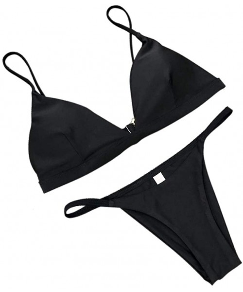 Sets Sexy Basic Bikini Sets Triangle Solid Two Pieces Swimsuits Cheeky Bathing Suits - Black - CB18T8E2SWG