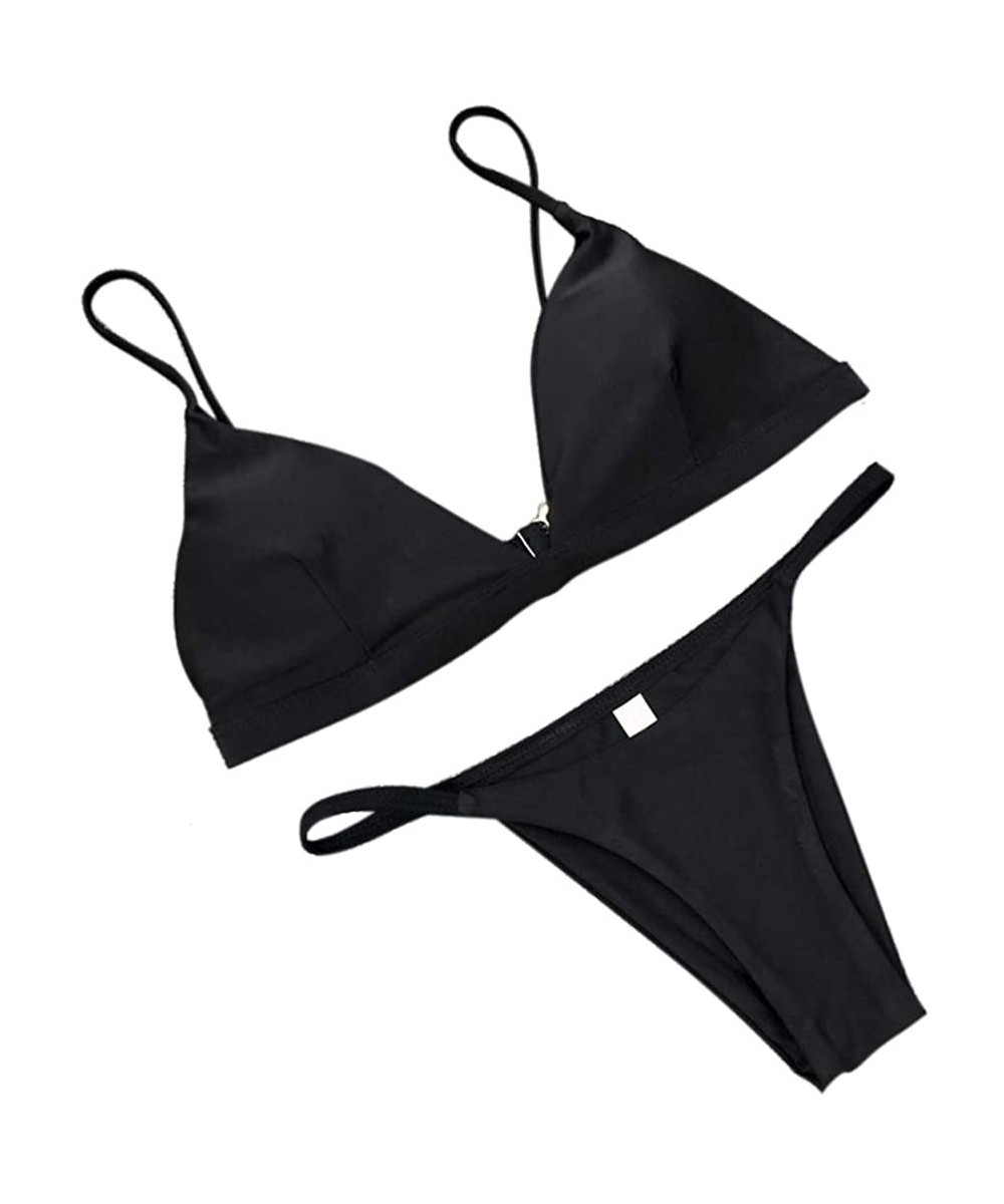 Sets Sexy Basic Bikini Sets Triangle Solid Two Pieces Swimsuits Cheeky Bathing Suits - Black - CB18T8E2SWG