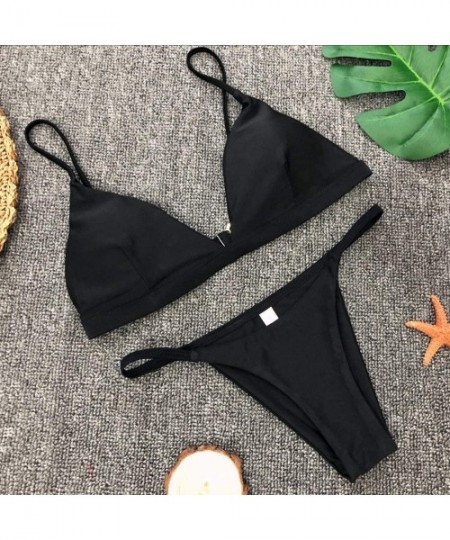 Sets Sexy Basic Bikini Sets Triangle Solid Two Pieces Swimsuits Cheeky Bathing Suits - Black - CB18T8E2SWG