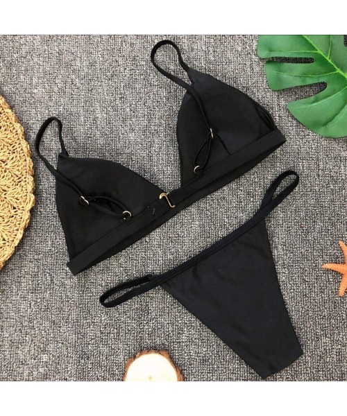 Sets Sexy Basic Bikini Sets Triangle Solid Two Pieces Swimsuits Cheeky Bathing Suits - Black - CB18T8E2SWG