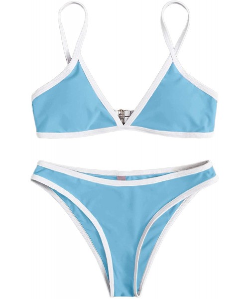 Tops Women's Contrast Binding V Neck Top with High Cut Throng Bikini Swimsuit - Blue-1 - CO19DSGR77W