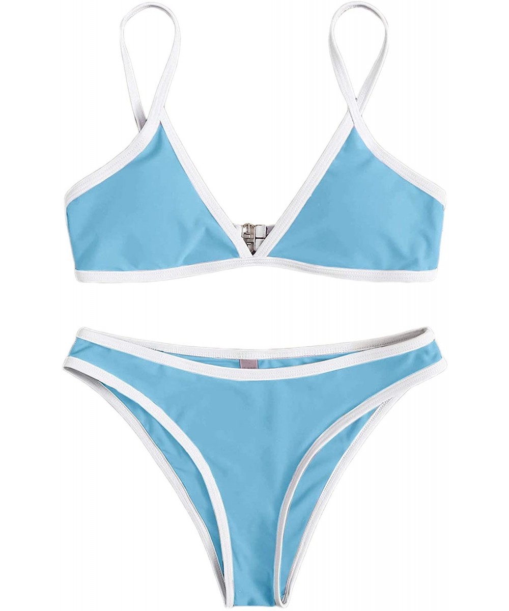 Tops Women's Contrast Binding V Neck Top with High Cut Throng Bikini Swimsuit - Blue-1 - CO19DSGR77W