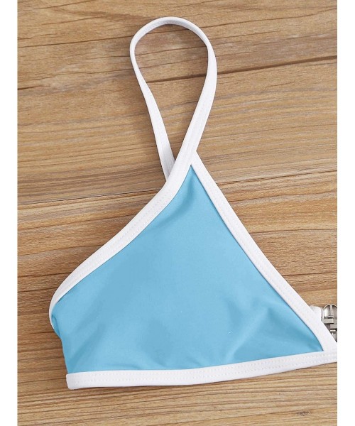 Tops Women's Contrast Binding V Neck Top with High Cut Throng Bikini Swimsuit - Blue-1 - CO19DSGR77W