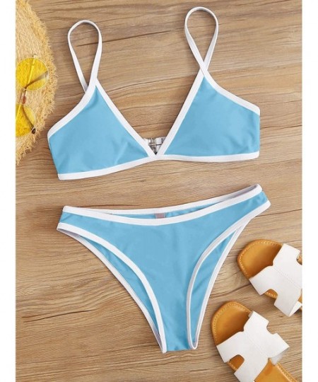 Tops Women's Contrast Binding V Neck Top with High Cut Throng Bikini Swimsuit - Blue-1 - CO19DSGR77W