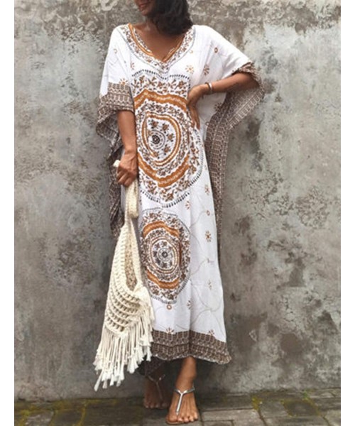 Cover-Ups Women Casual V Neck Loose Caftan Long Dress Beach Wear Split Maxi Dress - Coffee 131 - CD18NN9YTQ8