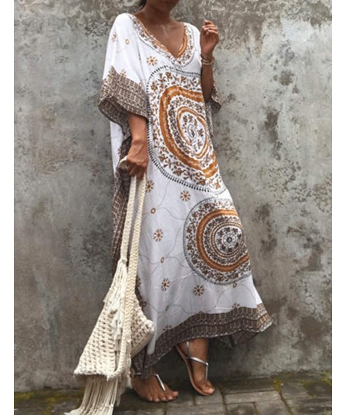 Cover-Ups Women Casual V Neck Loose Caftan Long Dress Beach Wear Split Maxi Dress - Coffee 131 - CD18NN9YTQ8